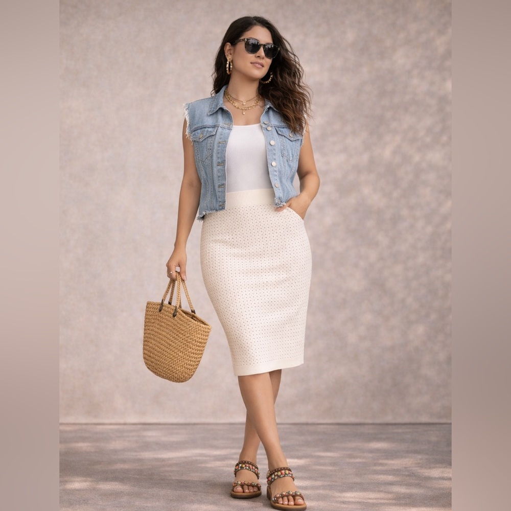 Express White Perforated Knit Midi Skirt High Waist Bodycon XS